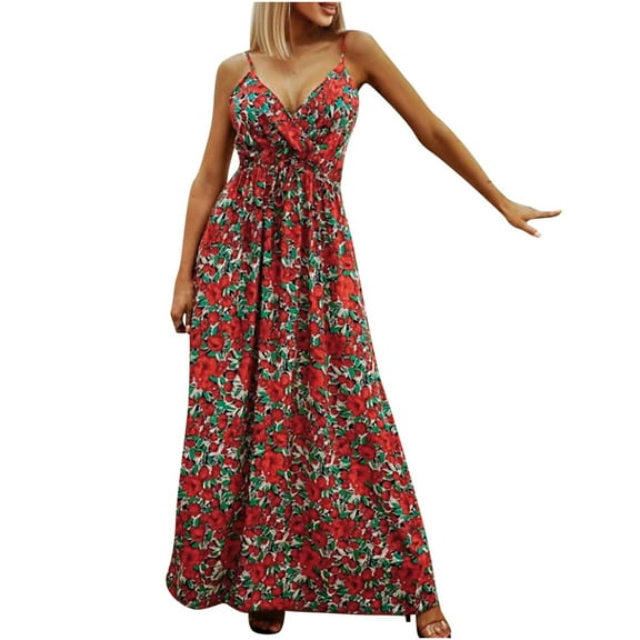 USSUMA Spaghetti Strap Floral Print Maxi Beach Dresses for Women Casual Summer V Neck Sleeveless Womens Sun Dresses Vacation High Waist Pleated Flowy Long Sundresses Wedding Guest for Women