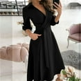 thumbnail image 1 of USSUMA Spring Dresses for Women 2025 Summer Dress Long Sleeve V Neck Casual Lapel Collar Solid Color Tie Loose Fit Maxi Dress Elegant Skirts Loose Skirt Birthday Online Shopping Black Dress Size-M, 1 of 4