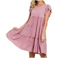 thumbnail image 1 of USSUMA Spring Dresses for Women 2025 Summer Dress Short Sleeve Crew Neck Casual Solid Color Ruffle Maxi Dress Elegant Dress Comfortable Skirts Travel Holiday Gift Finder Pink Dress Size-XXL, 1 of 5