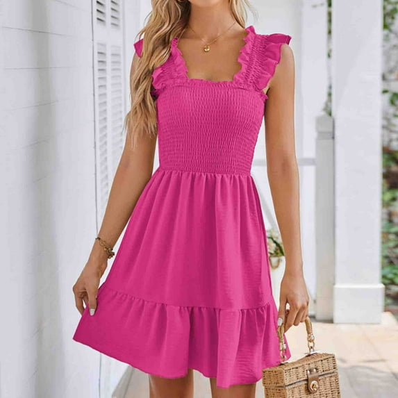 USSUMA Spring Dresses for Women 2025 Summer Dress Sleeveless Square Neck Casual Ruffle Pleated Maxi Dress Casual Dress Breathable Dress Meeting Reduced Price Hot Pink Dress Size-L
