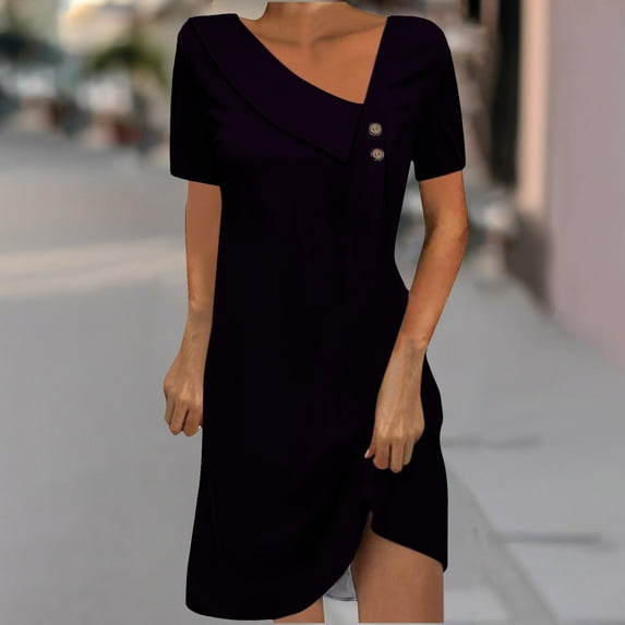 USSUMA Spring Dresses for Women 2025 Summer Dresses Short Sleeve Crew Neck Casual Solid Color Mid-Calf Dress Lounging Skirts Lightweight Skirt Camping Up to 50% off Black Dress Size-XXL