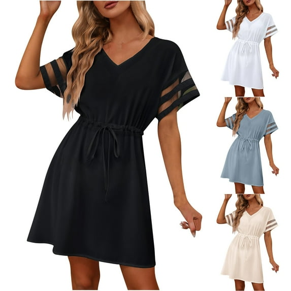 USSUMA Spring Dresses for Women 2025 Summer Dresses Short Sleeve V Neck Casual Solid Color Lace Pullover Hoodie Patchwork Maxi Dress Casual Dress Loose Skirt School Reduced Price Beige Dress Size-L