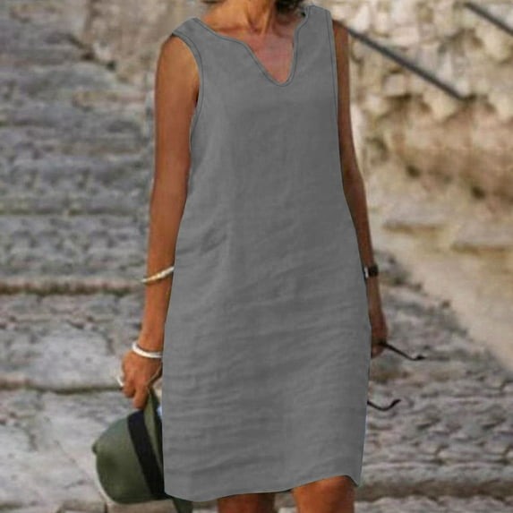 USSUMA Spring Dresses for Women 2025 Summer Dresses Sleeveless V Neck Casual Solid Color Dress with Pocket Maxi Dress Leisure Dresses Fashion Skirts Climbing 50% off Clear Gray Dress Size-XXL