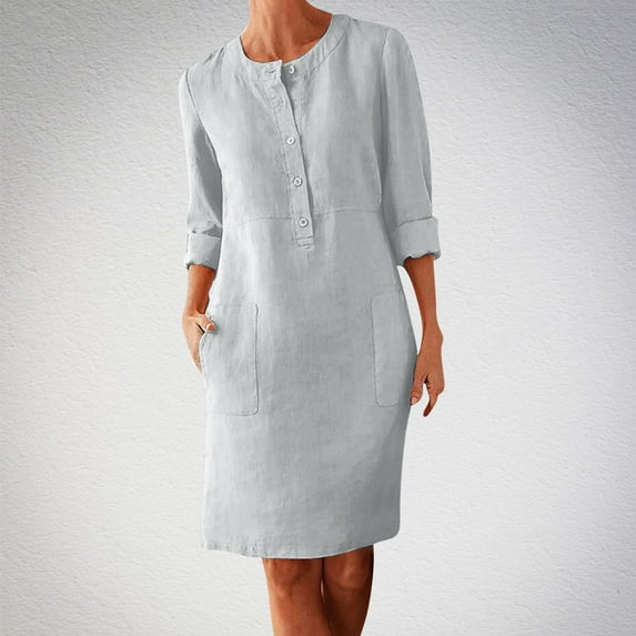 USSUMA Spring Dresses for Women 2025 Women'S Casual Dresses Long Sleeve Crew Neck Casual Solid Color Button Dress with Pocket Maxi Dress Trendy Skirt Dress Outdoor White Dress Size-XXXL