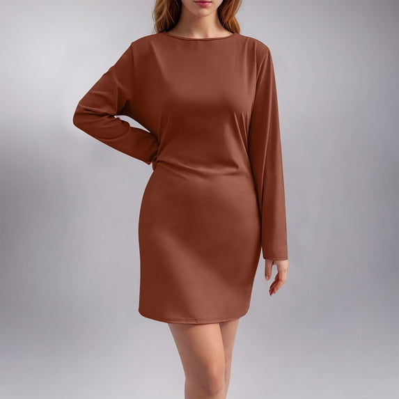USSUMA Spring Dresses for Women 2025 Women'S Casual Dresses Long Sleeve Crew Neck Casual Solid Color Slim Mid-Calf Dress Lounging Skirt Fashion Dresses Trekking Reduced Price Brown Dress Size-XL