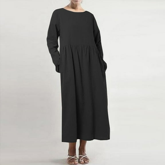 USSUMA Spring Dresses for Women 2025 Womens Dresses Long Sleeve Crew Neck Casual Solid Color Retro Dress with Pocket Linen Loose Fit Maxi Dress Lounging Dress Dress Street Black Dress Size-XXXL