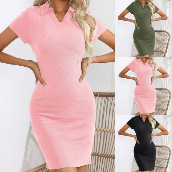 USSUMA Spring Dresses for Women 2025 Womens Dresses Short Sleeve Lapel Collar Solid Color Loose Fit T Shirt Dress Maxi Dress Trendy Dresses Lightweight Dresses Bachelor Party Army Green Dress Size-L