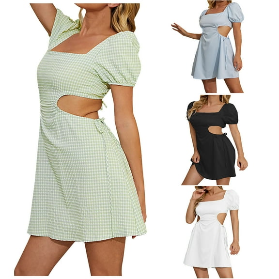 USSUMA Spring Dresses for Women 2025 Womens Dresses Short Sleeve One Line Neck Casual Tie Mid-Calf Dress Vintage Dresses Breathable Dresses Daily Wear Summer Saving Black Dress Size-L