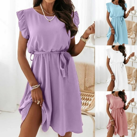 USSUMA Spring Dresses for Women 2025 Womens Dresses Sleeveless Crew Neck Casual Ruffle Maxi Dress Leisure Dresses Breathable Skirts Meeting Tax Free Weekend Light Blue Dress Size-L