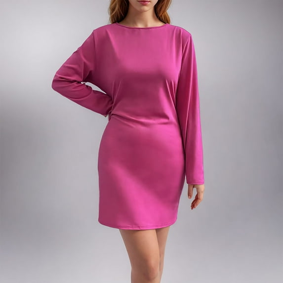 USSUMA Spring Dresses for Women 2025 Womens Dresses Long Sleeve Crew Neck Casual Solid Color Slim Mid-Calf Dress Casual Dress Comfortable Dress Camping Reduced Price Hot Pink Dress Size-M