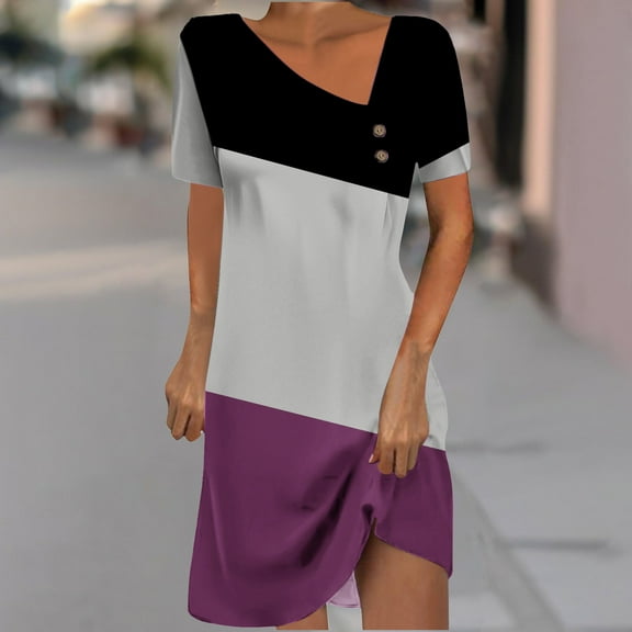 USSUMA Spring Dresses for Women 2025 Womens Dresses Short Sleeve Crew Neck Casual Printed Mid-Calf Dress Lounging Dresses Loose Dress Gym 50% off Clear Purple Dress Size-XL