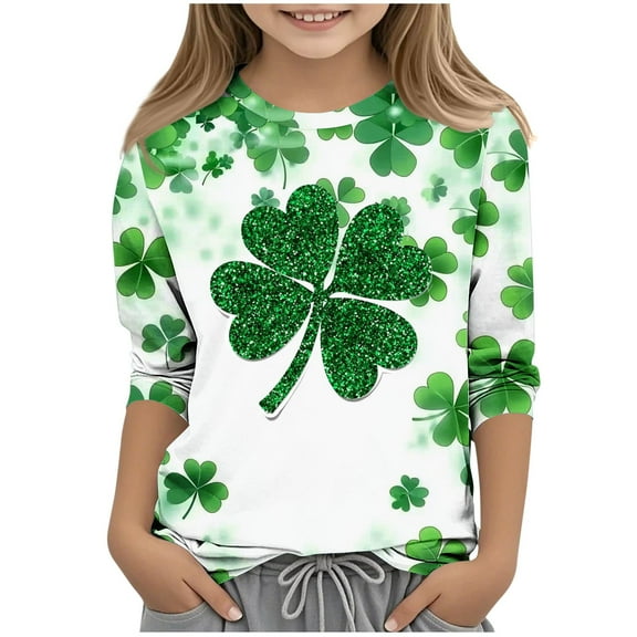 USSUMA St Patricks Day Baby Girl Clothes Round Neck 3/4 Sleeve Clover Prints Pullover Tshirt Casual Summer Split T-Shirt Loose Flowy Girls Shirts for Casual Green 3 Years s