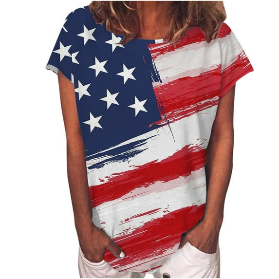 USSUMA Star Stripes Print T-Shirts for Women Trendy Short Sleeve Cute Basic 4th July Patriotic Dressy Blouse Casual Tops Summer Crewneck Women's Tunics Plus Size Shirt 2022