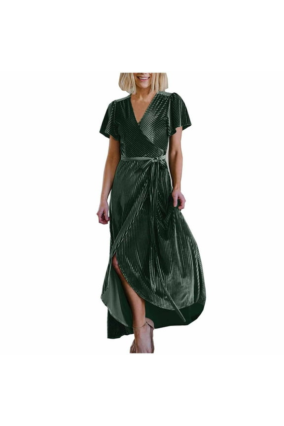 USSUMA Strip Sexy Maxi Beach Dresses for Women Casual Summer V Neck Short Sleeve Womens Sun Dresses Vacation Formal Evening Wrap Long Sundresses Wedding Guest for Women