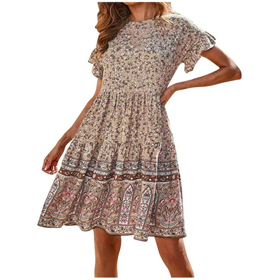USSUMA Summer Dresses For Women 2022 Beach, Women's Summer Swing Dresses Round Neck Bohemian Floral Print A-Line Ruffle Beach Short Mini Dress