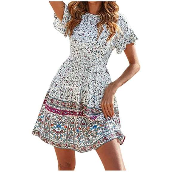USSUMA Summer Dresses For Women 2022 Beach, Women's Summer Swing Dresses Round Neck Bohemian Floral Print A-Line Ruffle Beach Short Mini Dress