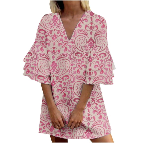 USSUMA Summer Dresses For Women 2022 Beach, Floral Dress for Women's 3/4 Bell Sleeve Shift Dress Summer V Neck Casual Loose T Shirt Dress Mini Sundresses