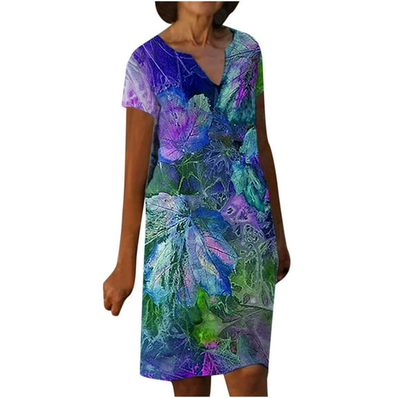 USSUMA Summer Dresses For Women 2022 Beach, Summer Linen Dress for Womens Short Sleeve V Neck Shift Dresses Floral Bird Print Knee Length Sundress Midi Dress
