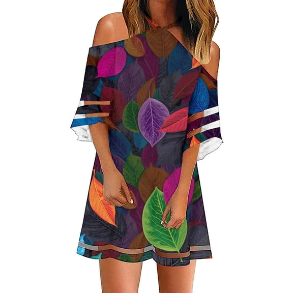 USSUMA Summer Dresses for Women 2022 Beach Women Cold Shoulder Shirt Dress Mesh Pannel Short Sleeve Halter Neck Dresses Floral Print Summer Short Mini Shift Dress