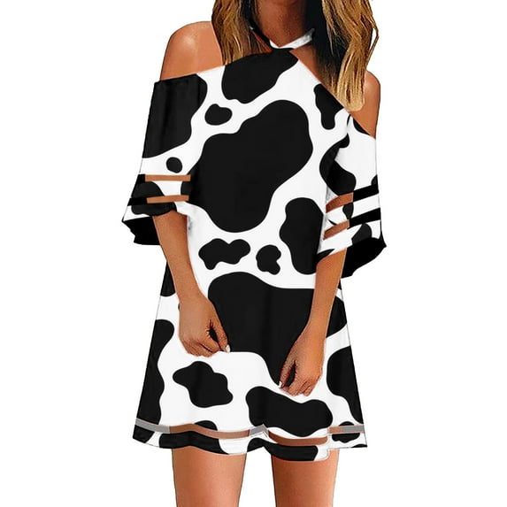 USSUMA Summer Dresses for Women 2022 Beach Women Cold Shoulder Shirt Dress Mesh Pannel Short Sleeve Halter Neck Dresses Floral Print Summer Short Mini Shift Dress