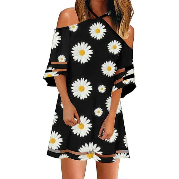 USSUMA Summer Dresses for Women 2022 Beach Women Cold Shoulder Shirt Dress Mesh Pannel Short Sleeve Halter Neck Dresses Floral Print Summer Short Mini Shift Dress