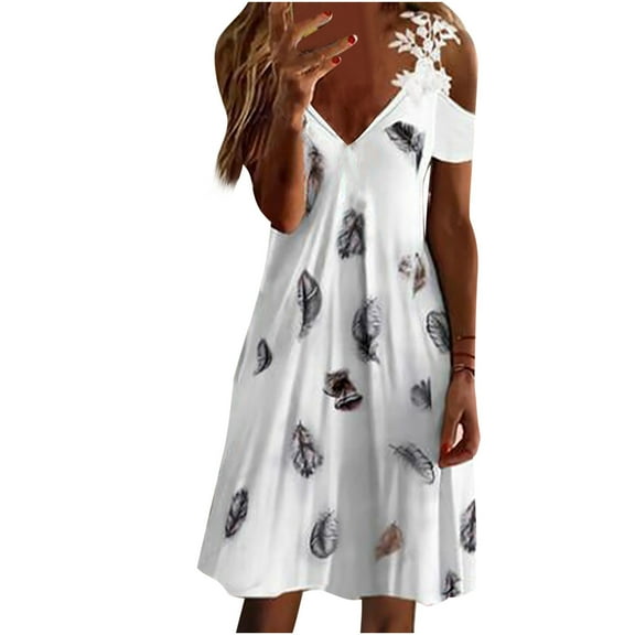 USSUMA Summer Dresses For Women 2022 Beach, Women Lace Cold Shoulder Dress Summer Trendy Short Sleeve Feather Print Dresses V Neck Midi Knee Length Sundress