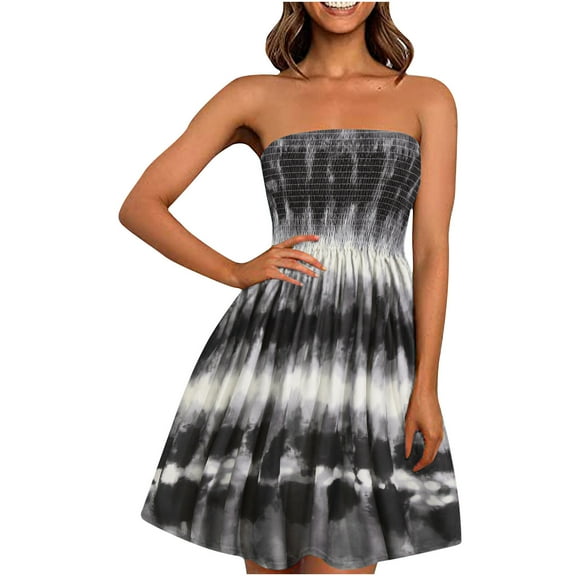 USSUMA Summer Dresses For Women 2022 Beach, Women's Off Shoulder Summer Beach Mini Dress Boho Floral Print Sleeveless A Line Swing Dresses Tube Top Short Party Sundress