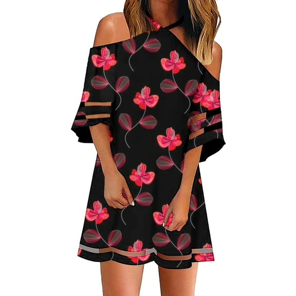 USSUMA Summer Dresses For Women 2022 Beach Women's Summer Criss Cross Sundress Cold Shoulder Mesh Pannel 3/4 Sleeve Tunics Dresses Floral Short Mini Swing Dress