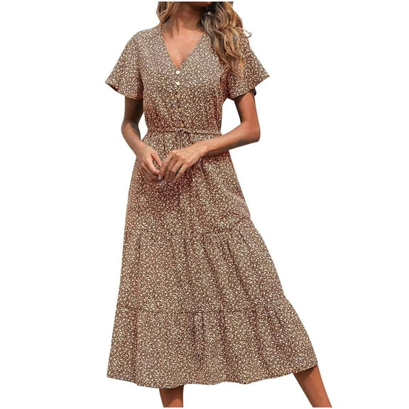 USSUMA Sundresses for Women Floral Print Short Sleeve Casual Dresses for Women Bohemian A-Line Flowy Smocked Long Maxi Dresses Women Summer V Neck Beach Dresses Wedding Guest