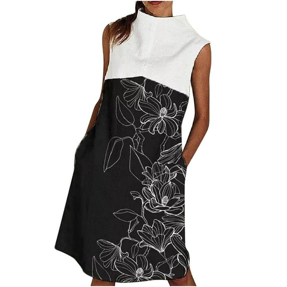 USSUMA Summer Dresses for Women 2022 Floral Print Color Block Turtleneck Pocket Shift Tshirt Midi Womens Dresses Sleeveless Sundresses for Women V Neck Wedding Guest Dresses for Women