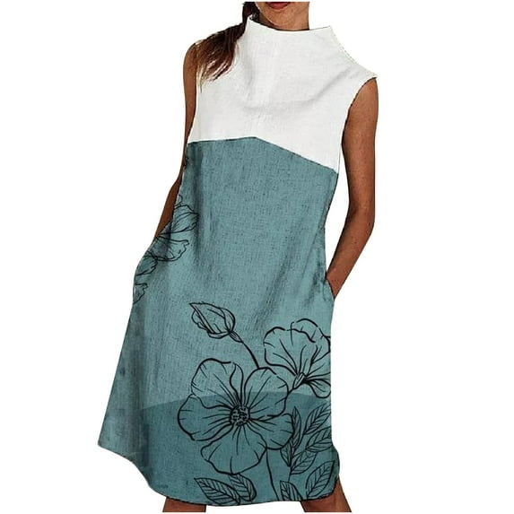 USSUMA Summer Dresses for Women 2022 Floral Print Color Block Turtleneck Pocket Shift Tshirt Midi Womens Dresses Sleeveless Sundresses for Women V Neck Wedding Guest Dresses for Women