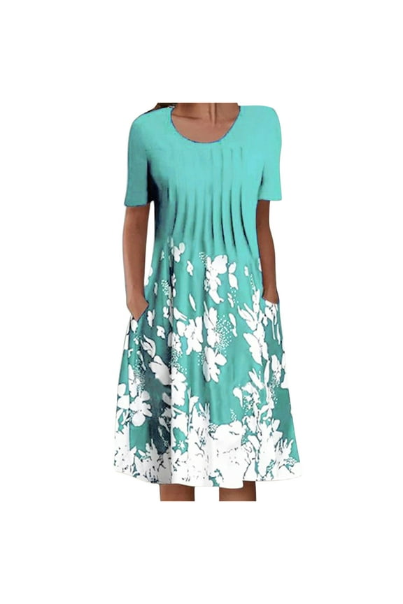 USSUMA Summer Dresses for Women 2022 Floral Print Dress Wedding Guest Boho Pleated Knee Length Swing Aline Sun Dresses Casual Short Sleeve Midi Crewneck Beach Party Sundresses