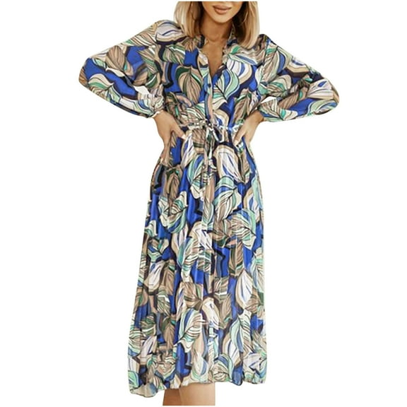 USSUMA Summer Dresses for Women 2022 Floral Print Lacing Button Pleated Flowy Long Maxi Womens Dresses Long Sleeve Sundresses for Women V Neck Wedding Guest Dresses for Women
