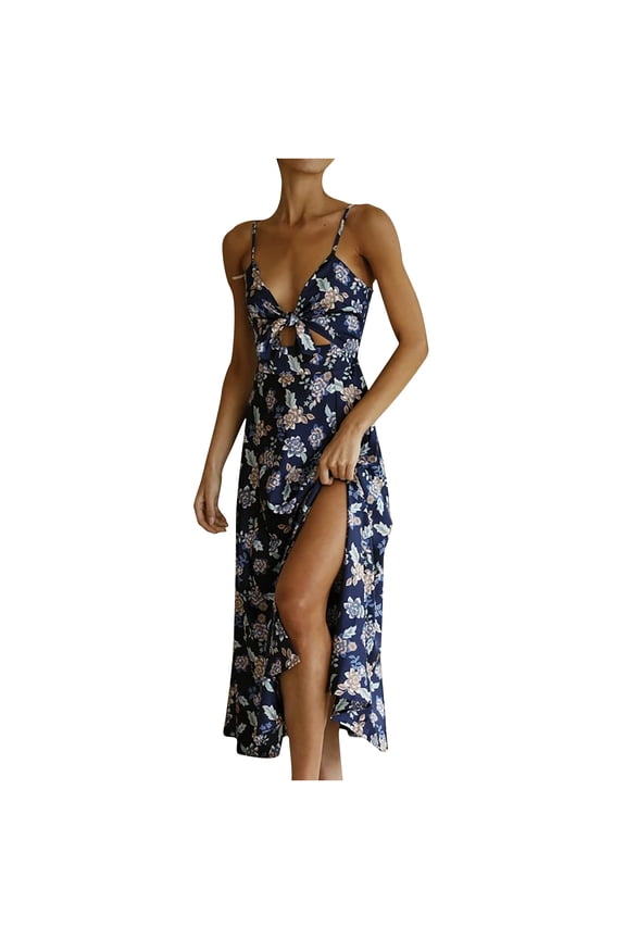 USSUMA Summer Dresses for Women 2022 Floral Print Spaghetti Strap Bowknot Slit Flowy Long Maxi Womens Dresses Short Sleeve Sundresses for Women V Neck Wedding Guest Dresses for Women