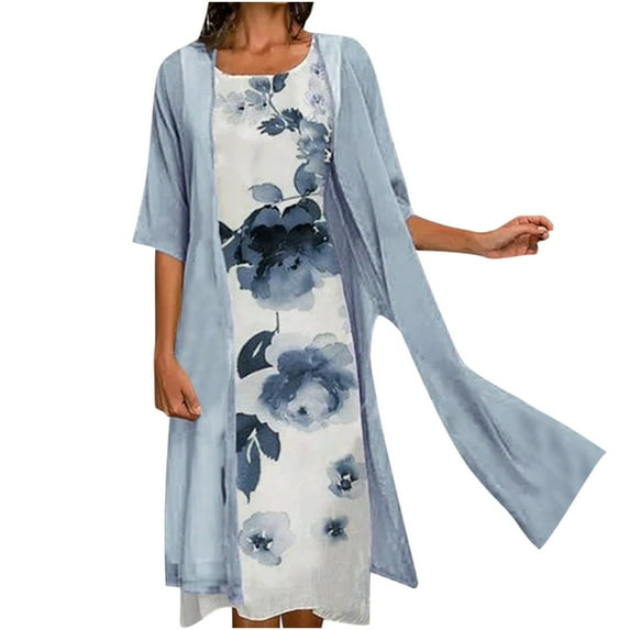 USSUMA Summer Dresses for Women 2022 Floral Print Two-Piece Set Chiffon Cardigan Long Maxi Womens Dresses Sleeveless Sundresses for Women Round Neck Wedding Guest Dresses for Women