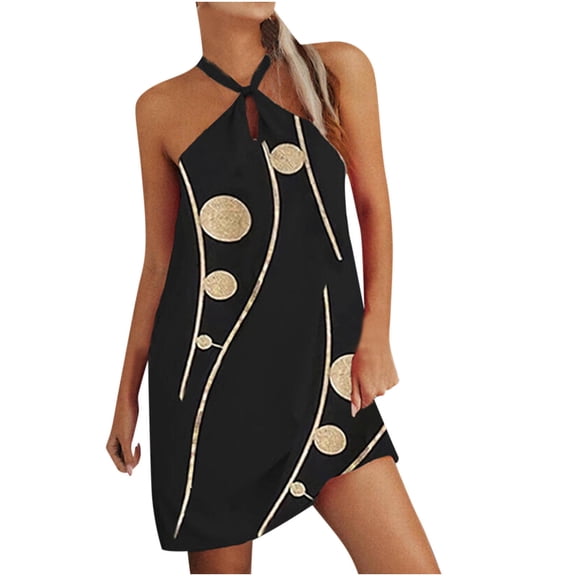 USSUMA Summer Dresses for Women 2022 Floral Printed Dress Wedding Guest Plus Size Cross Neckline Flowy Sun Dresses Casual Sleeveless Short Mini Halter Neck Beach Party Sundresses