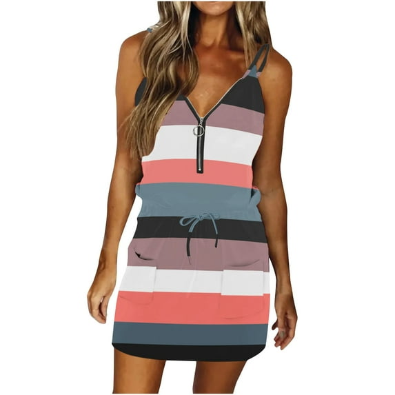 USSUMA Summer Dresses for Women 2022 Striped Tie Dye Dress Wedding Guest Pocket Drawstring Zipper Spaghetti Strap Sun Dresses Casual Sleeveless Short Mini V-Neck Beach Party Sundresses
