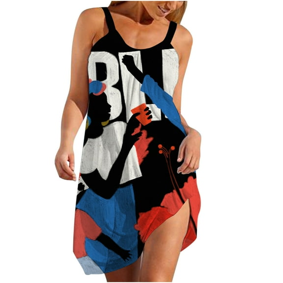 USSUMA Summer Dresses for Women 2022 Summer Tops Dress Wedding Guest Knee Length Tshirt Sun Dresses Casual Sleeveless Midi Round Neck Beach Party Sundresses