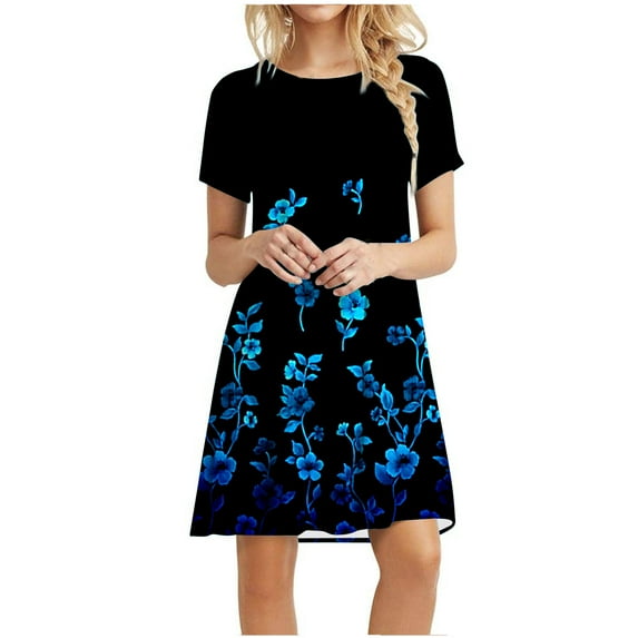 USSUMA Summer Dresses for Women 2022, Women's Short-Sleeve Scoop Neck Swing Dress Casual Floral Printed Simple T-Shirt Dresses 2022 Summer Tunic Sun Dress