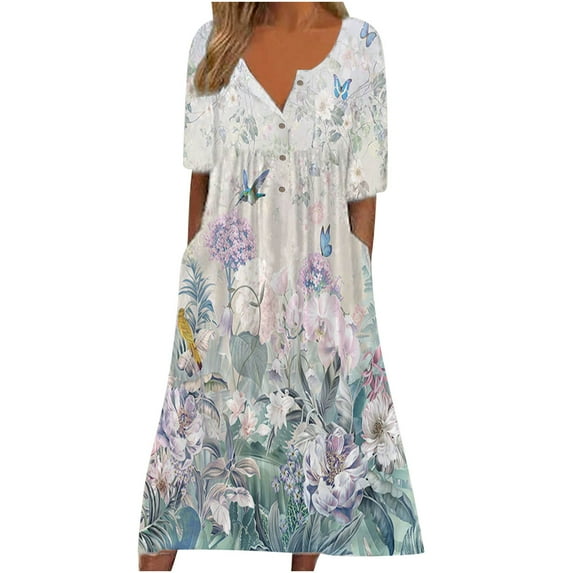 USSUMA Summer Dresses for Women 2022, Women's Summer Long Maxi Dress Casual Short Sleeves Floral Print Button Down V Neck Boho Long Dresses Beach Party Shirt Dress