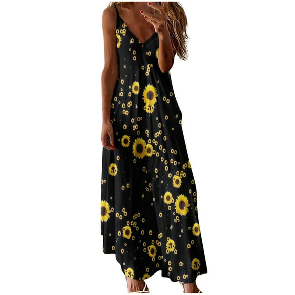 USSUMA Summer Dresses for Women 2022, Women's V-Neck Spaghetti Strap Boho Long Maxi Dresses Sleeveless Sunflower/Leopard Print Summer Dresses Beach Party Sundress