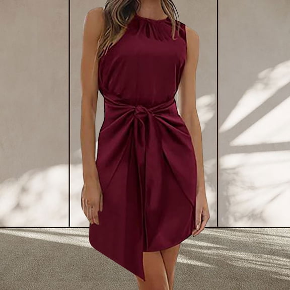 USSUMA Summer Dresses for Women 2025 Summer Dress Sleeveless Crew Neck Casual Solid Color Lace Lace Up Maxi Dress Casual Skirt Lightweight Skirt Birthday Holiday Saving Wine Dress Size-L