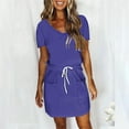 thumbnail image 1 of USSUMA Summer Dresses for Women 2025 Summer Dress Short Sleeve V Neck Casual Solid Color Dress with Pocket Tie Mid-Calf Dress Trendy Skirts Loose Skirts Work Holiday Deals Purple Dress Size-L, 1 of 4