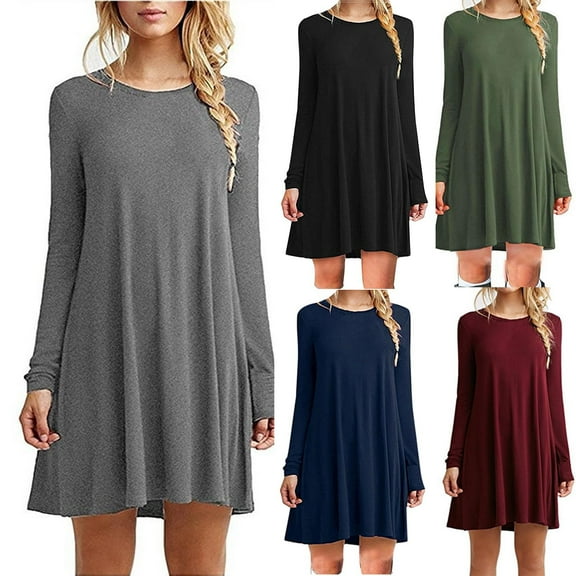 USSUMA Summer Dresses for Women 2025 Summer Dresses Long Sleeve Crew Neck Casual Solid Color Loose Fit Maxi Dress Trendy Skirts Fashion Skirts Climbing Tax Free Weekend Army Green Dress Size-L
