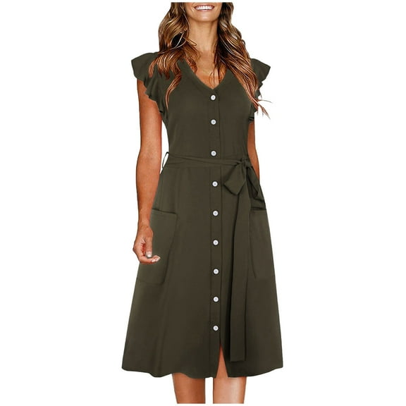 USSUMA Summer Dresses for Women 2025 Summer Dresses Short Sleeve V Neck Casual Solid Color Ruffle Button Dress with Pocket Beach Maxi Dress Elegant Dresses Daily Wear Green Dress Size-XL