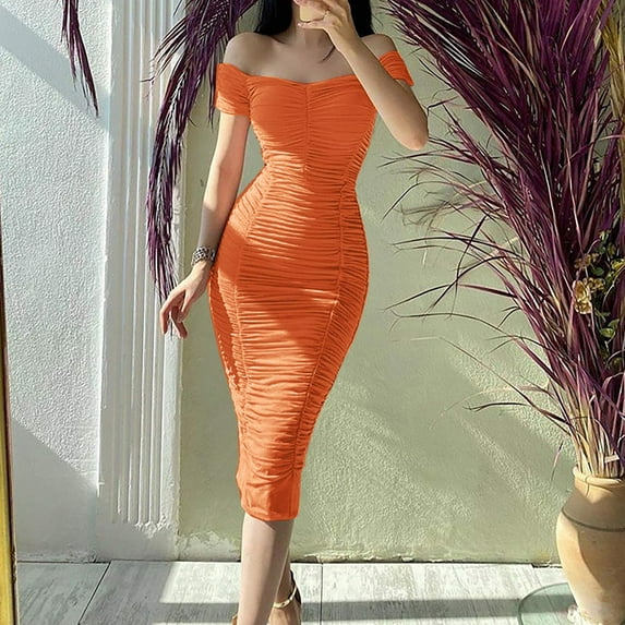 USSUMA Summer Dresses for Women 2025 Summer Dresses Sleeveless Solid Color Pleated off Shoulder Neck Casual Maxi Dress Leisure Dress Lightweight Skirts Bachelor Party Orange Dress Size-XXL