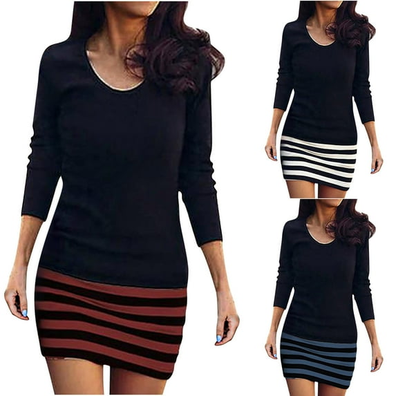 USSUMA Summer Dresses for Women 2025 Women'S Casual Dresses Long Sleeve Crew Neck Casual Printed Pullover Striped Maxi Dress Vintage Dress Fashion Skirts Business Sales Black Dress Size-L