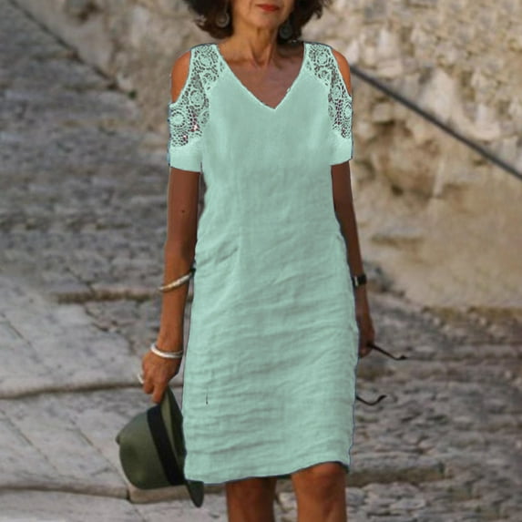 USSUMA Summer Dresses for Women 2025 Women'S Casual Dresses Short Sleeve V Neck Casual Solid Color Lace Linen Patchwork off Shoulder Neck Casual Maxi Dress Dresses Birthday Mint Green Dress Size-M