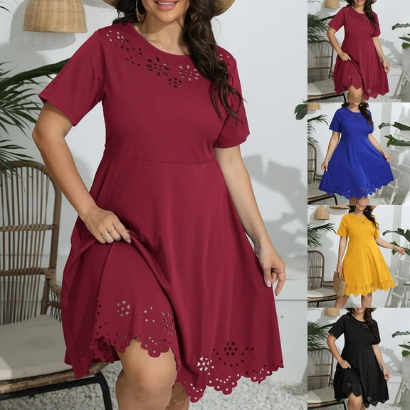 USSUMA Summer Dresses for Women 2025 Womens Dresses Short Sleeve Crew Neck Casual Plus Size Dress Solid Color Hollow out Maxi Dress Vintage Skirt Loose Skirts Gym Black Dress Size- 0XL/L