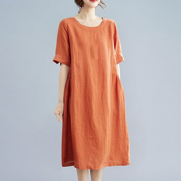 USSUMA Summer Dresses for Women 2025 Womens Dresses Short Sleeve Plus Size Dress Solid Color Printed Linen Maxi Dress Vintage Skirts Loose Dress Birthday Holiday Gift Finder Red Dress Size-XXL